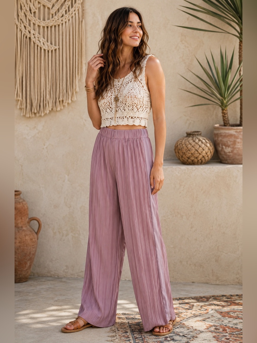 Atlein Mauve Plissé Wide Leg Pants | Boho Chic Elastic Waist Pleated Trousers￼